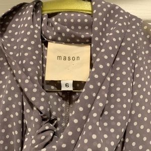 Gray and white polka dot blouse with bow